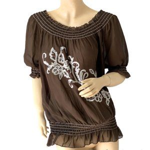 Women's Marianne Brown Embodied Short Bell Sleeve Sheer Top Blouse Size 1X "EUC"